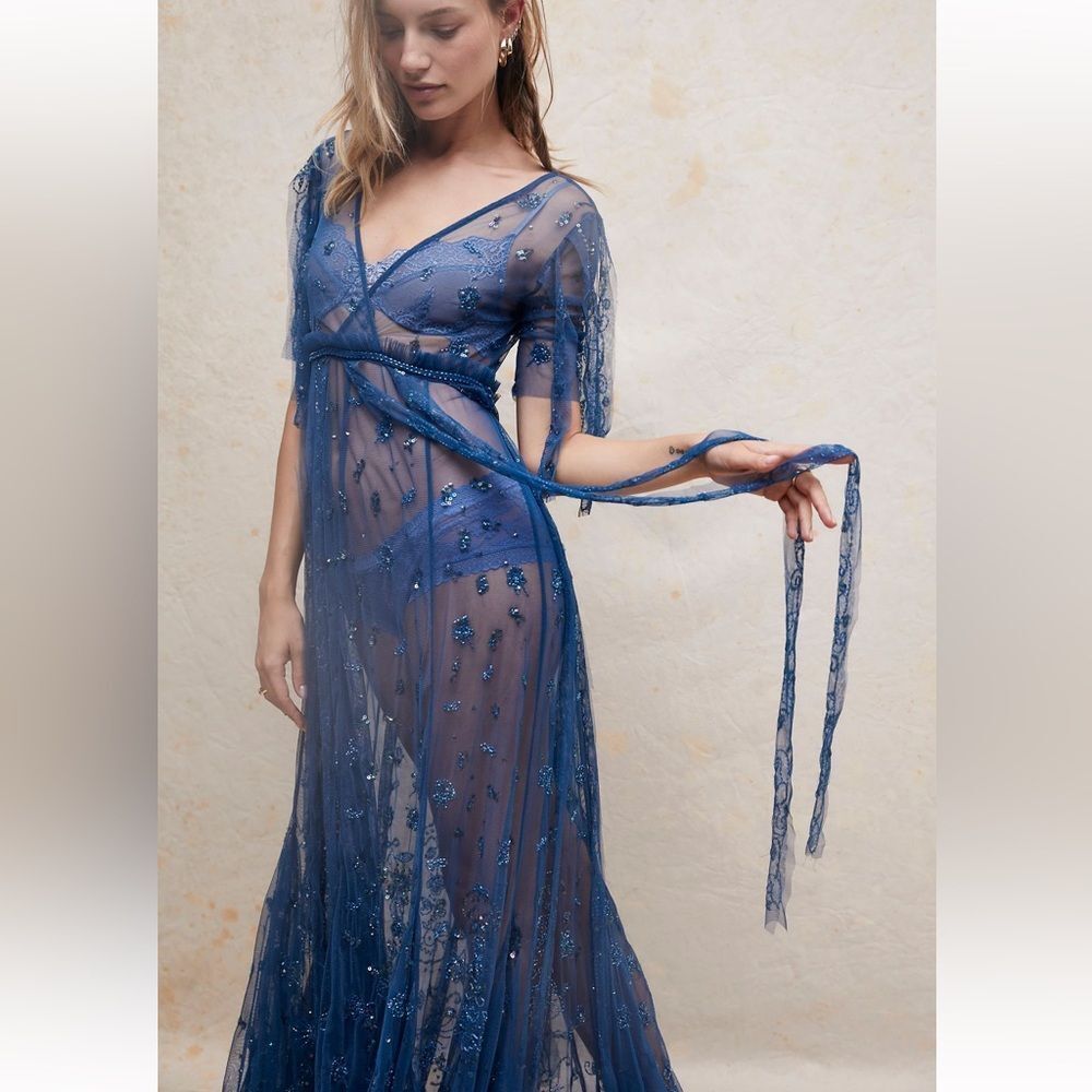 Free People Sheer Embellished Maxi Dress in Deep Blue - Picture 2 of 9